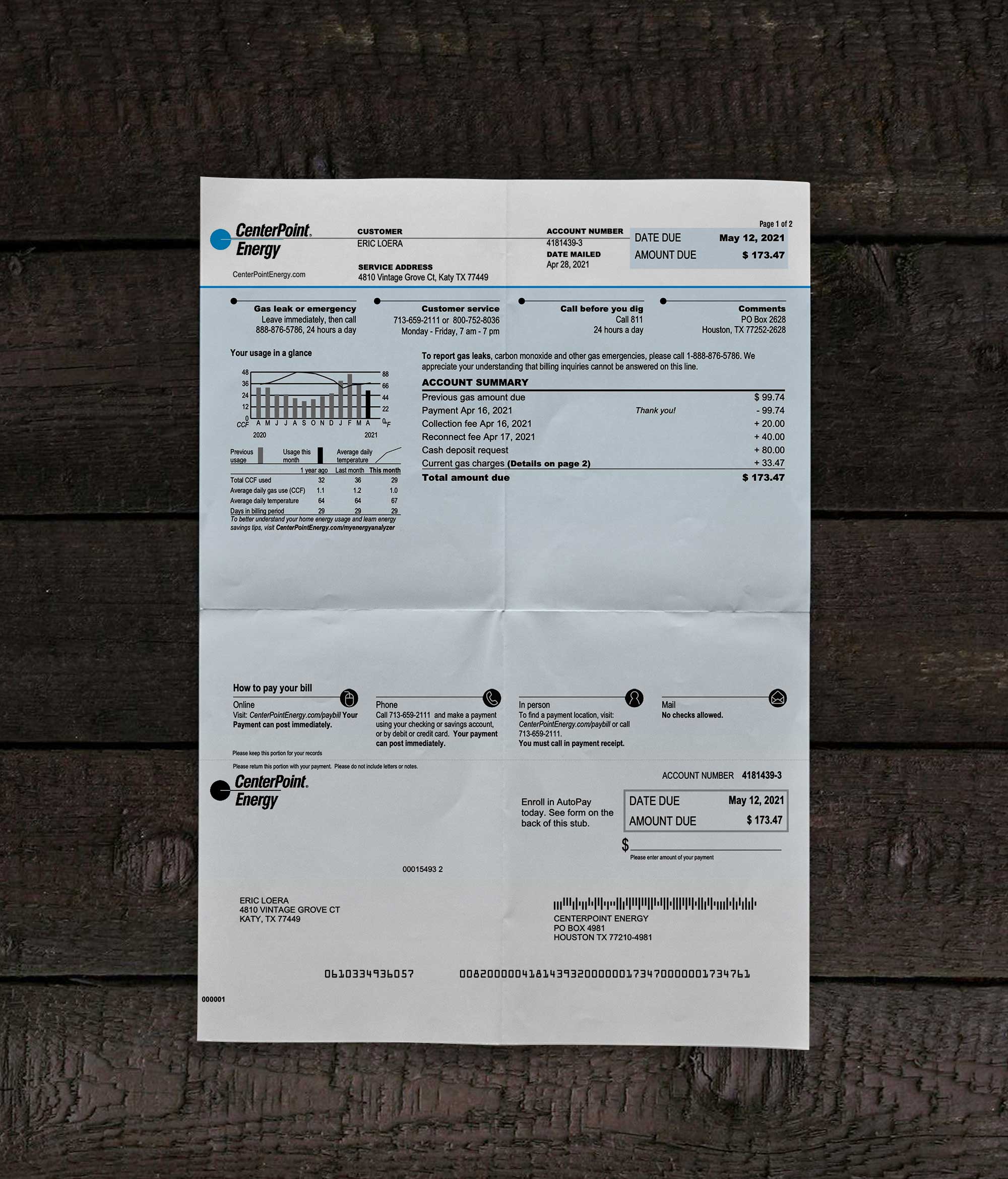 Utility bill | CenterPoint Energy | USA |2
