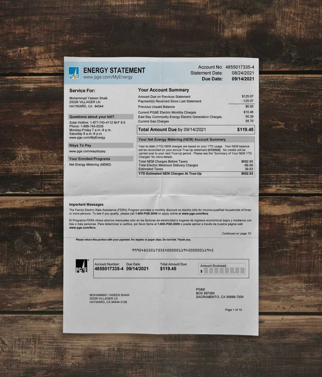 Utility bill | PGE | USA | CA2