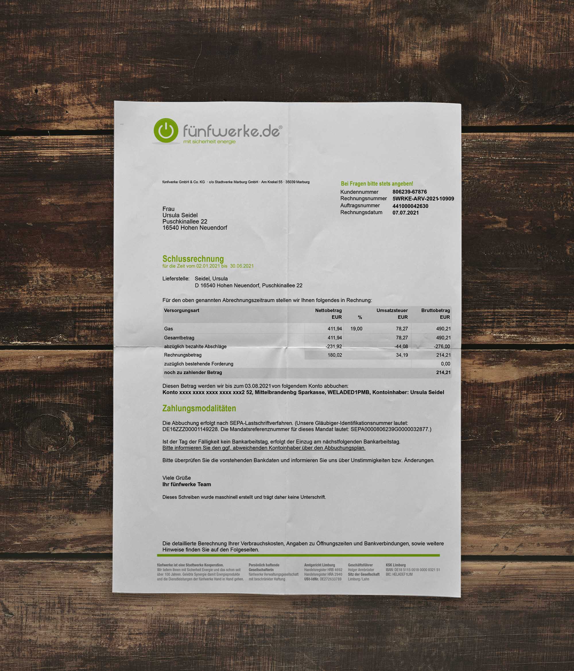 Utility bill | Fuenfwerke | Germany | DE2